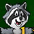 Pixelated raccoon-like character with gray and white fur, black mask, red mouth, yellow tie, and green background.