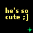 Yellow text 'he's so cute ;]' on black background with green pixelated symbols changing across frames