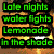 Pixelated text overlays on four distinct backgrounds: green text on fire, cyan text on blue sky, pink text on beach, and pink text on gray.