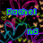Pixelated digital artwork with colorful text and heart motifs on a black background, featuring names 'Rachel' and 'Colin', date '7.10.03', and 'Together Forever' in red.