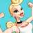 Pixelated cartoon character with blonde hair in a high bun wearing a white top and black choker, next to green text on dark background.