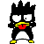 Pixelated penguin character with black spiky hair, white belly, yellow beak and feet, red tongue sticking out, in six sequential poses showing eye and mouth movement.
