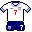 Four pixelated soccer jerseys displayed in a , two white with blue shorts and two red with white shorts, each with distinct numbers