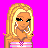 Pixelated character with blonde hair and hoop earrings, wearing a pink strapless top against a bright pink background.