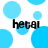 Blue and light blue circular shapes on white background with repeated text 'hetai' in black pixelated font.