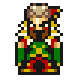 Pixel art character with brown hair and beard, wearing green and red armor with yellow accents, standing against gray background.