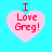 Four identical pink heart-shaped icons with red text "I Love Greg!" on a cyan background, arranged in a
