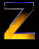 Three vertical of identical stylized Z characters with gradient fill and blue outline on black background
