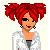 Pixelated character with red pigtails and white jacket above blue background with orange text