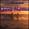 A beach scene at sunset with two silhouetted figures walking on sand, one carrying a surfboard under an orange sky.