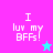 Pixelated text 'I luv my BFFs!' on a split background with cyan and magenta stars, displayed in four quadrants.