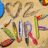Pixelated icon with abstract shapes and text elements on a beige background, featuring curved lines and colorful segments.