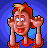 Pixelated character with red hair and blue shirt raises hands to ears in two sequential poses against a blue radial background.
