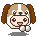 Pixel art contact sheet of four animated frames showing a cartoon dog character with brown and white fur, pink cheeks, and changing poses against gray background.