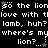 Pixelated text repeats 'the lion' and 'love with lamb' with 'where's my lion?' and 'huh?' in a black-and-white animation with star and dot accents.