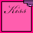 A 4x4 contact sheet of animated frames showing a pink background with 'Kiss Me' text and changing lower text elements like 'LIKE YOU', 'MEAN IT', or 'MEAN IT' in pixelated font, each frame bordered by black lines with purple striped corners.