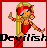 Pixelated character with red hair and green-yellow striped outfit, making a peace sign gesture against pink background.