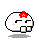 Four pixel-art frames of a white skull character with red flower on head, pink blush mark, and varying mouth expressions arranged in 2x2 contact sheet.
