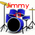 Pixelated drum kit with blue drums, black bass drum, and silver cymbals, overlaid with red text 'Jimmy' and '43' on a white background.