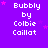 Purple background with repeated white text 'Bubbly by Colbie Caillat' and pink star shapes, one gray rectangle in bottom-right corner.