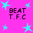 Bright pink background with four identical text blocks reading "BEAT T.F.C" in black pixelated font, surrounded by light blue star shapes.
