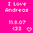 Pixelated text and symbols on a bright pink background with repeated heart animations. The phrase "I Love Andreas" appears above the date "11.8.07" and the symbol "<33" followed by a small white heart icon.