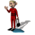 Animated sequence of a character in red jumpsuit waving, holding black briefcase, standing on blue platform with shadow.