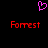 A static pixel art image with a black background, featuring two red 'Forrest' text labels and one pink heart symbol above them.
