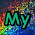 Pixelated image with teal text on a multicolored pixelated background, displaying 'My Boyfriend Sparkles!! [not morgan] [l]'.