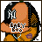 Pixelated icon of a person with dark hair and a yellow top, surrounded by text variations on a black background.