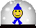 Pixelated snow globe with yellow smiley face wearing blue hat and scarf, white background with falling snow dots.