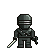 Pixelated character in dark gray armor with white stripes on helmet, holding a sword and shield against light gray background.