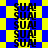 Blue and yellow pixelated background with repeated black text 'SUAL' in vertical , alternating between checkerboard and starburst patterns