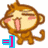 Pixelated cartoon monkey with brown fur, closed eyes, pink cheeks, and tongue out; blue equals sign icon below.