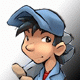 A cartoon character with dark hair and a light blue jacket holds a wooden object while wearing different colored caps across four views.