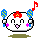 Pixel art contact sheet of four animated frames showing a white round character with red bow, blue maracas, and pink cheeks in various poses and expressions.