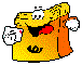 Animated yellow cartoon character with orange accents, white eyes, and red mouth holding playing cards in a of four by three