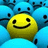 A yellow smiley face icon with black eyes and mouth against a blue background with dark pixel clusters.