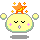 Pixelated yellow circular character with closed eyes, pink cheek marks, and a small mouth; orange star on head with yellow accents and sparkles in some frames.