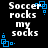 Pixelated text 'Soccer rocks my socks' in white on black background with blue square and dot animation elements.