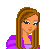 Pixel art icon featuring a woman with long brown hair in purple clothing, alongside a purple fist and banner with text.