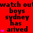 Red background with black text repeating 'watch out boys sydney has arrived' and pink heart symbols in a pattern