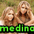 Two side-by-side pixelated images of three women with blonde hair, one image showing them outdoors and the other against a gray background.