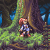 Pixel art character with red hair in a ponytail stands near a large tree trunk, wearing blue outfit and red shoes on grassy terrain.