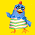 Pixelated blue bird with orange beak and feet, wearing striped green-and-white shirt, red crest on head, standing against solid yellow background.