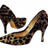 A pixelated high-heeled shoe with leopard print on a white background, paired with text blocks on maroon and gray