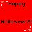 Red background with repeated 'Happy' and 'Halloween!!!' text, white star icons alternating between solid and dotted outlines.