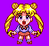 Pixel art character with blonde pigtails and blue eyes in multiple poses against purple background, including full-body, back view, and dynamic action frames.