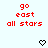Red pixelated text 'go east all stars' appears twice on a light blue background with two black heart icons below.