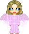 Pixel art contact sheet of three animated frames showing a cartoon angel character in pink dress with wings and blonde hair, each frame displaying subtle pose or background variations.